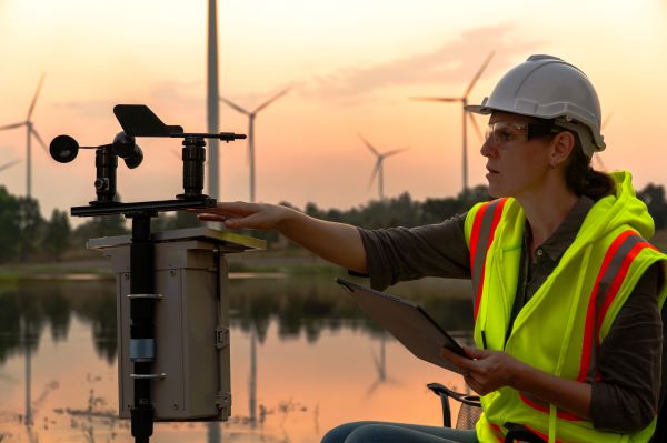 Female air quality engineer looking at testing equipment