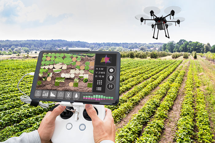 Operator flying a drone over a farm